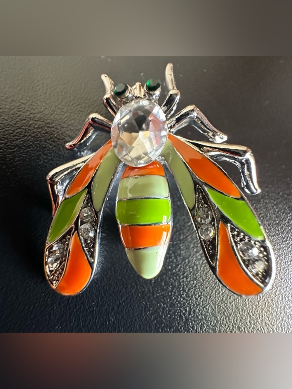 Orange & Green Enamel Bee Brooch